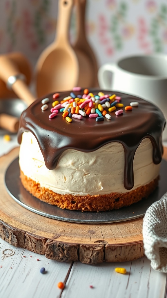 A vanilla cake with chocolate ganache and sprinkles on a rustic wooden table.